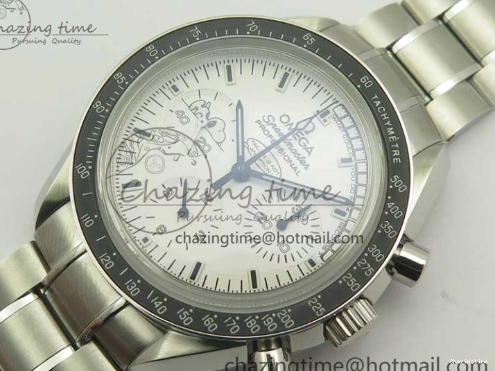 1227 Lightweight Speedmaster SS Snoopy OMF Best Edition White Dial on SS Bracelet Manual Winding Chrono Movement 7992